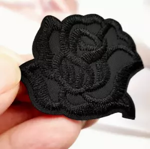 BLACK ROSE Flower - 1 1/2" Embroidered Iron-On Patch - Picture 1 of 2