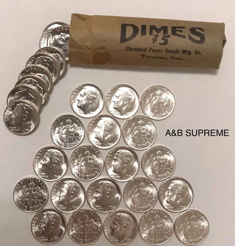 (20) десятицентовики с изображением Рузвельта из OBW Roll Estate 1946-1964 CH-GEM Bu не бывшие в обращении 90% серебра - Изображение 1 из 4
