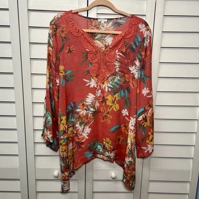 Spense Floral Split Flare Sleeve V-Neck Asymmetrical Top Women’s Size XL - Image 1 of 4