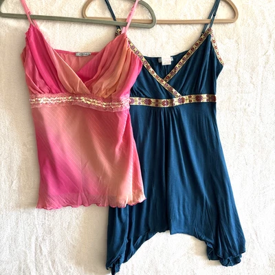 Y2K Funkadelic Vintage Boho Babydoll Tank Top M Sequins Metallic Fairy Lot of 2 - Image 1 of 4