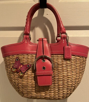 Bolso de Mano Coach Parche Mariposa Mimbre/Paja y Cuero Borde Doble Asa Foto 1 de 4