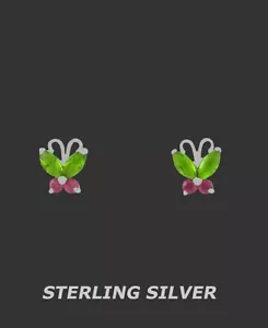 LAB CREATED RUBIES & PERIDOTS STUD EARRING .925 Sterling Silver - SCREW BACK NWT - Picture 1 of 4