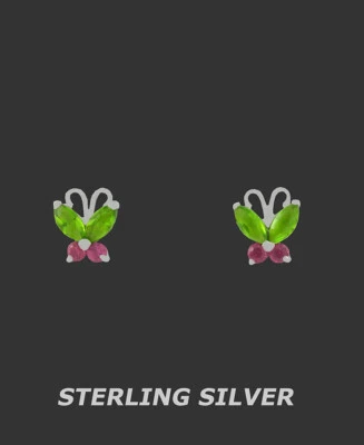 LAB CREATED RUBIES & PERIDOTS STUD EARRING .925 Sterling Silver - SCREW BACK NWT - Image 1 of 4