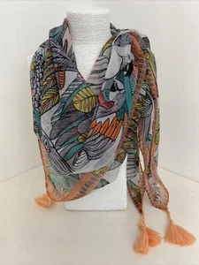 Colourful Parrot Bird Feathers Lightweight Viscose Square Scarf Tassels 115 cm - Picture 1 of 9