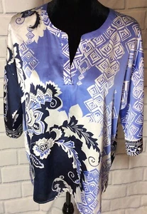 CHICO’S Women's 3/4 Sleeve Blouse Blue White Tunic Top SZ 1=M (S6 - Picture 1 of 6