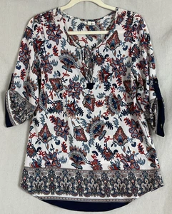 Antilia Femme floral Blouse Womens medium tie neck roll tab sleeves - Picture 1 of 3