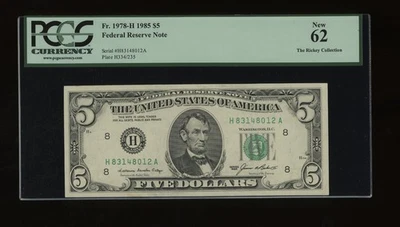 DBR 1985 $5 FRN St. Louis Fr. 1978-H PCGS 62 Serial H83148012A - Image 1 of 2