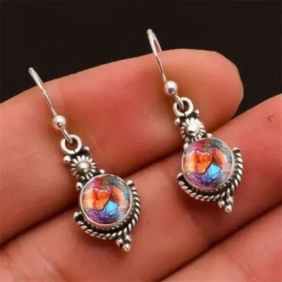 Silver Round Boho Dangle Earrings Colorful Stained Glass Retro Vintage Style New - Image 1 of 4