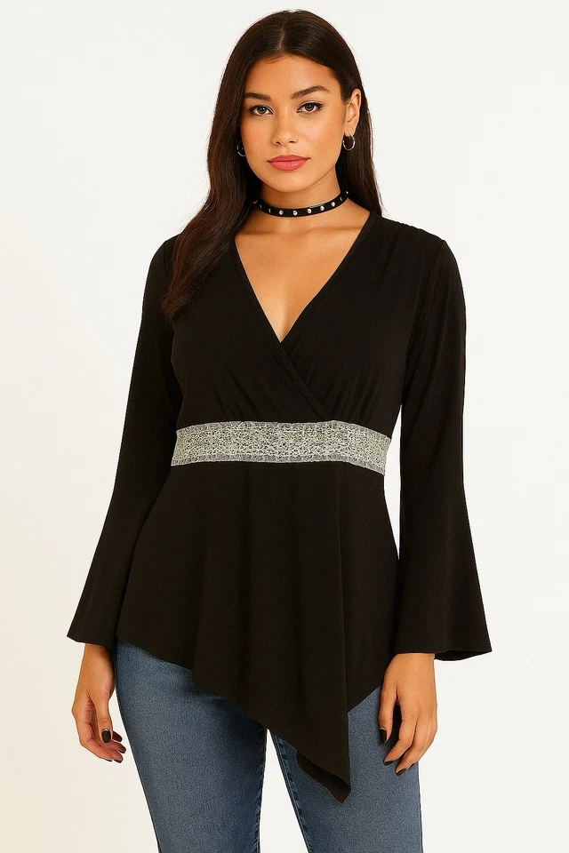 Blusa Top Mujer JTB NEGRA XL Dobladillo Asimétrico Top Manga Campana Lentejuelas Cintura Foto 1 de 4
