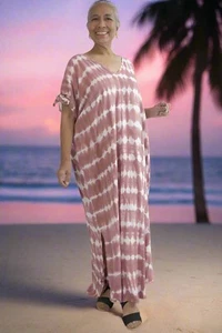 Long Kaftan Dress Mykonos Tie Dye In Shibori Sienna. One Size Fits 10-18. - Picture 1 of 3