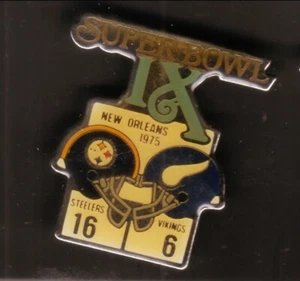Super Bowl IX Metal Pin Tulane Stadium Pittsburgh Steelers vs Minnesota Vikings - Imagen 1 de 1