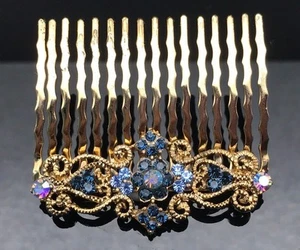 Gold Navy Dark Blue Crystal Vintage Formal Wedding Crystal Hair Comb Clip 5.2cm - Picture 1 of 1