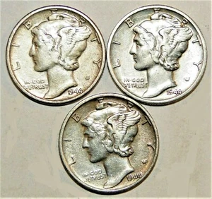 1944 PDS Set di tre Mercury Dimes 90% Argento XF + Extra Fine a AU - Foto 1 di 2