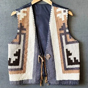 Women's Navajo Wool Blanket Vest - Horn Button Fringe Ivory Tan Black Grey Lined - Picture 1 of 8