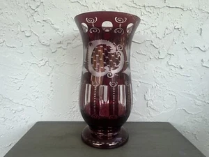 EGERMANN Antique Bohemian Czech Ruby Red Cut to Clear Crystal Vase (H: 12”) - Picture 1 of 12