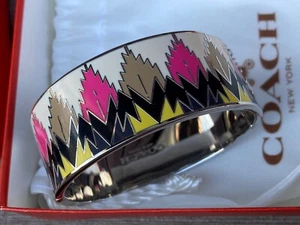 COACH WIDE HINGED HAWK FEATHER ENAMEL BANGLE BRACELET w ORIG BOX POUCH - Picture 1 of 5