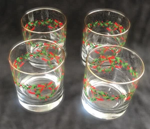4x Christmas Goldtone Rim Poinsettia Whiskey Low Ball Glass Tumbler Holiday READ - Picture 1 of 7
