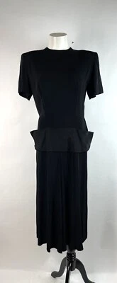 Vestido midi vintage de rayón negro de los años 40 con peplum + lazo 36" busto se ajusta como una M Foto 1 de 4