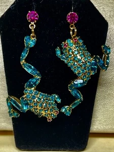 Dorothy Bauer Signed Crystal Tree Frog Earrings Vintage  - Picture 1 of 3