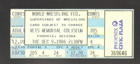 1986 WWF WWE FULL TICKET PHOENIX AZ 12/9/86 HULK HOGAN JUNKYARD DOG JAKE ROBERTS Cover