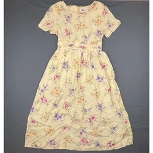 Vintage 90s Worthington Yellow Floral Dress 10 Petite | Rayon Midi Cottagecore - Picture 1 of 8