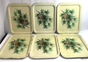 6 Vintage Metall Emamel Creme Tannenzapfen Serviertabletts MCM Rustikal Holzmaserung - Bild 1 von 10