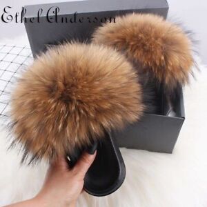Real Farm Fox Fur Slippers Fuzzy Slides Sandals Fuzzy Women Fluffy Plush Cute