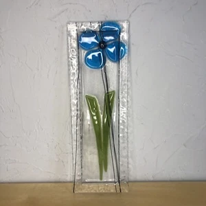 Fused Art Glass Flower BLUE PETALS, GREEN STEM Dish Handmade UNSIGNED 11.75" - Picture 1 of 5