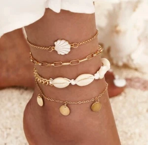 Mujeres Moda Joyería Oro 4 Capas Cáscara Dije Tobillo Pulsera Bohemia 413 - Imagen 1 de 1
