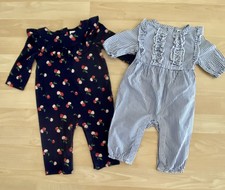 Janie & Jack 3-6 mo Girls Long Sleeve 1pc Outfits Chambray Stripe Navy Cherries