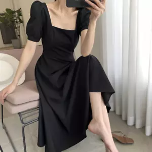 Black Dress Women's Casual Square Neck Long Style Hepburn Style Black Dress - Picture 1 of 12