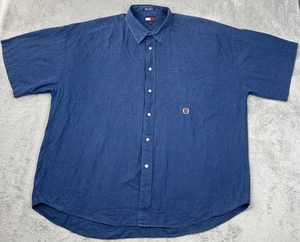 Camicia Tommy Hilfiger vintage uomo XL lino baggy stemma logo manica corta blu Y2K - Foto 1 di 12