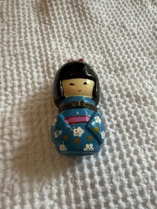Vtg Kokeshi Doll Hinged Trinket Box Porcelain In Teal Blue Kimono  Geisha 3.5” - Picture 1 of 6