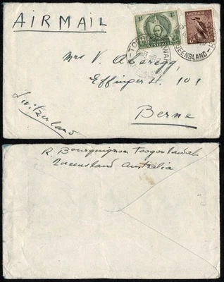 Australia 1943 Airmail Cover, Queensland to Berne, WWII, 1/6 Shilling Rate - Image 1 of 3