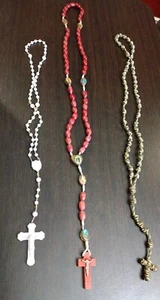 Lot Of 3 Vintage Rosary Necklace Catholic Crucifix Wood Knotted Cord Faux Pearl  - Picture 1 of 21