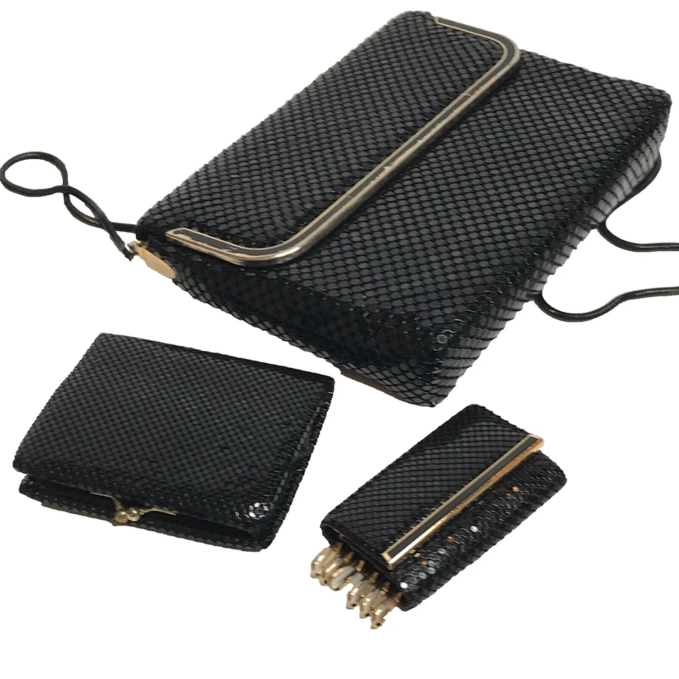 Vintage Black Aluminium Mesh Bag Purse & Keys Purse Made In Hong Kong x 3 Set - Image 1 of 4