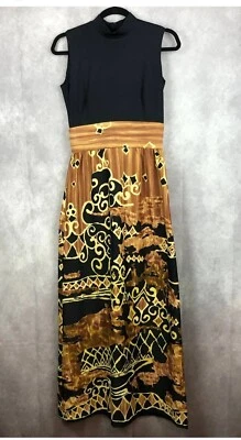 Maxi Vestido De Colección Tori Richard Honolulu Sin Mangas Cuello Simulado Negro Marrón Tostado Talla 14 Foto 1 de 4