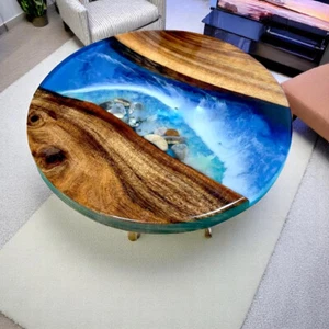 24" Ocean Wave Round Epoxy Resin Wood Table Top Living Room Furniture For Home - Picture 1 of 6