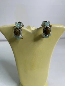 Cato Silvertone Clip on earring with natural stone Blue And Brown Sz 1” EUC - Picture 1 of 6