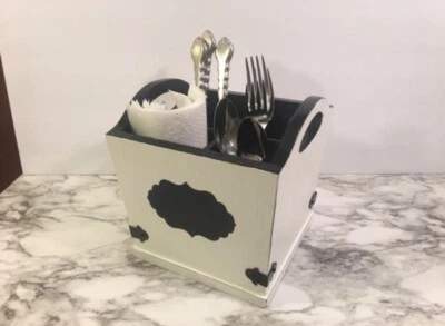 Wooden Black And White Silverware And Napkin Holder - Image 1 of 4
