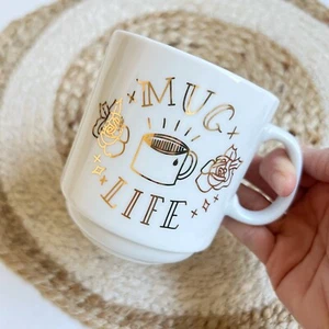 Easy Tiger Mug Life Stackable Gold White Floral Coffee Tea - Picture 1 of 7