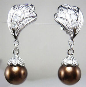 Chocolate Brown South Sea Shell Pearl White Gold Plated Crystal Clip-On Earrings