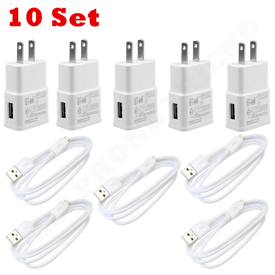 10 Set USB Power Adapter Wall Charger Micro Cable Cord US Plug For Samsung White - Image 1 of 4