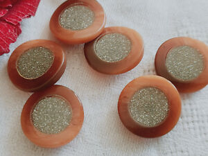 Lot 6 Buttons Vintage Orange Heart Glitter Inclusions Silver 0 11/16in Ref 4308