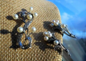 Takashima MIKIMOTO Sterling Silver Akoya Pearl Brooch w Matching Earrings Set - Picture 1 of 23