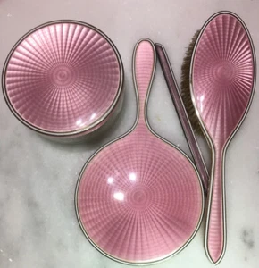 Antico Tiffany & Co Argento Sterling & Rosa Smalto Fatto a Mano Vanità Set 5 Pz - Foto 1 di 12