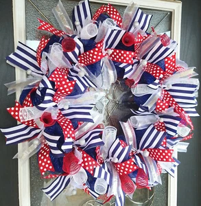 XL Patriotic 4th of July, Memorial Day Summer, Deco Mesh Front Door Wreath Decor - Picture 1 of 6