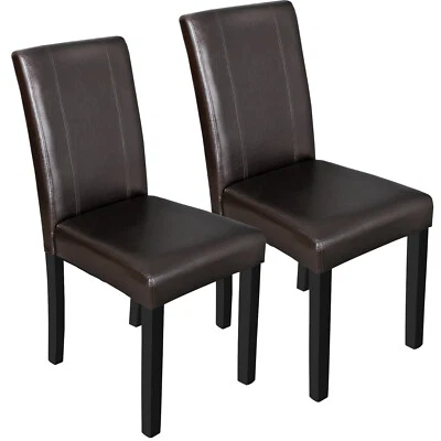 2 Set Brown Chairs Kitchen Formal Elegant Leather Design Dining Parson Room - Image 1 of 4
