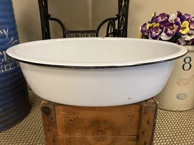Large Enamel Ware Tub Basin Oval Wash Bowl 25” White Black Baby Bath Farmhouse - Image 1 of 4