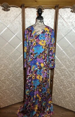 Vintage 60s70s Purple Psychedelic Multicolored Floral Long Sleeve Maxi Dress M - Image 1 of 4